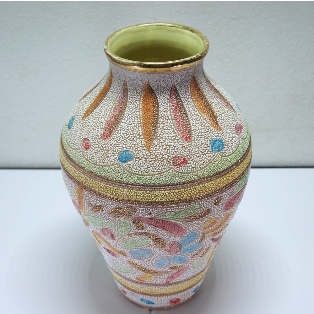 Italian Ceramic Vase 10" Multicolor Floral Beaded Texture Gold Trim